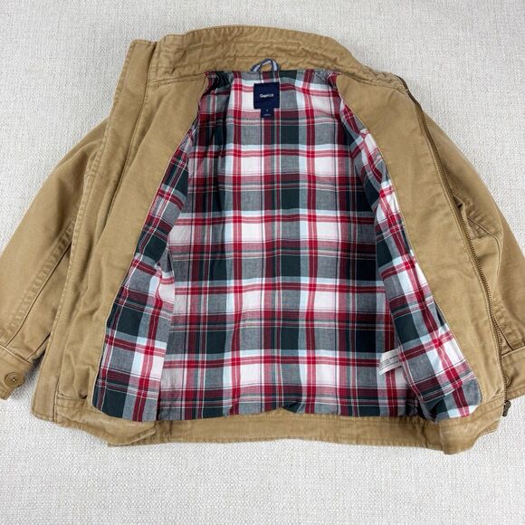Gap Kids Bomber Jacket Boys Size Small Canvas Khaki Tan Plaid Lining Zip Up Coat - Picture 8 of 16